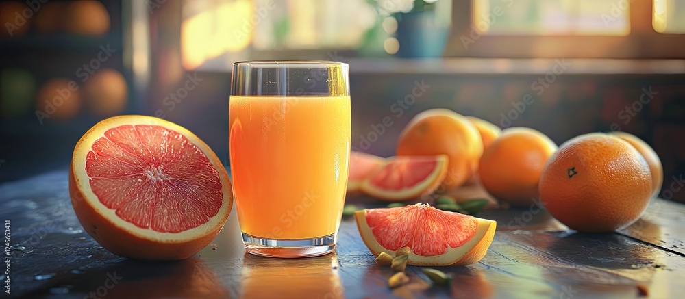 Poster fresh grapefruit juice in a glass with sliced grapefruit and ripe grapefruits on a wooden table illu