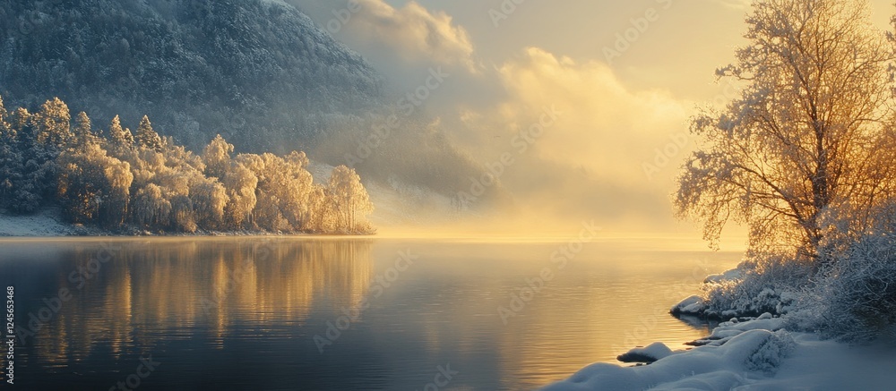 Poster calm winter lake at dawn with golden sunlight illuminating snow-covered trees reflecting in serene w