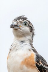Fototapeta premium A close-up of a bird with distinctive plumage, featuring a mix of colors and a curious expression, set against a soft, light background.