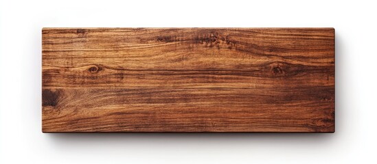 Wooden cutting board with rich brown grains placed horizontally on a white background, showcasing a smooth surface and rustic texture.
