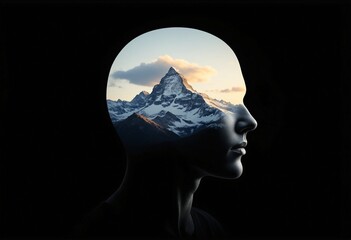Human head with snowy mountain inside as negative space. Concept of calmness, meditation, link with nature