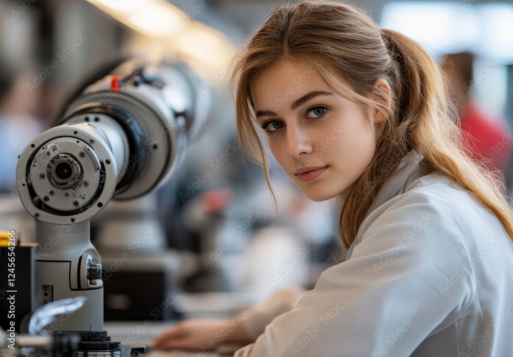 Poster young female engineer working with advanced robotics in a modern laboratory setting, demonstrating i