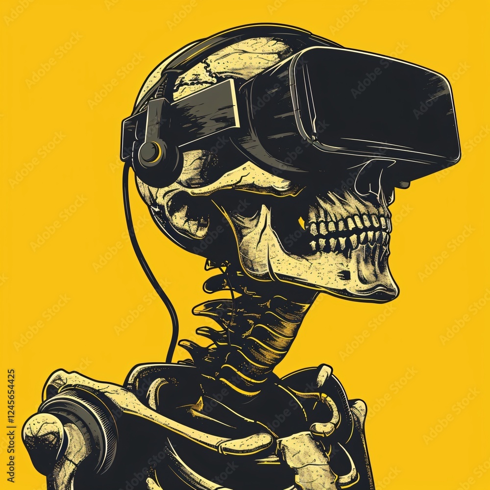 Poster skeleton experiences virtual reality in an artistic and colorful setting during the modern technolog