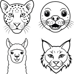 Animal Head Illustrations: Leopard, Otter, Llama, Lynx - Line Art Collection