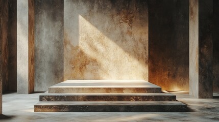 A minimalist stone podium with subtle texture, bathed in soft lighting 