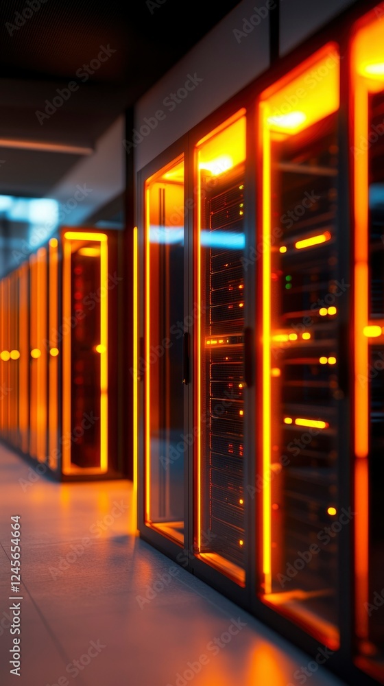 Poster illuminated server racks in modern data center