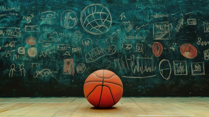 Fototapeta premium A basketball sitting on a gym floor with motivational quotes and chalk drawings in the background, creating an inspiring athletic atmosphere.