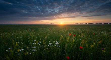 Obraz premium Golden Hour over the Meadow: The rising or setting sun casts a warm glow over a vast meadow, with wildflowers and lush greenery creating a scene of tranquil beauty.