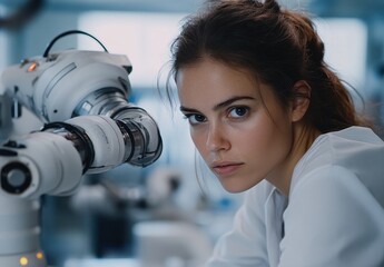 Young woman engaged in advanced technology work beside a robotic arm in a modern laboratory setting focused on innovation and research solutions