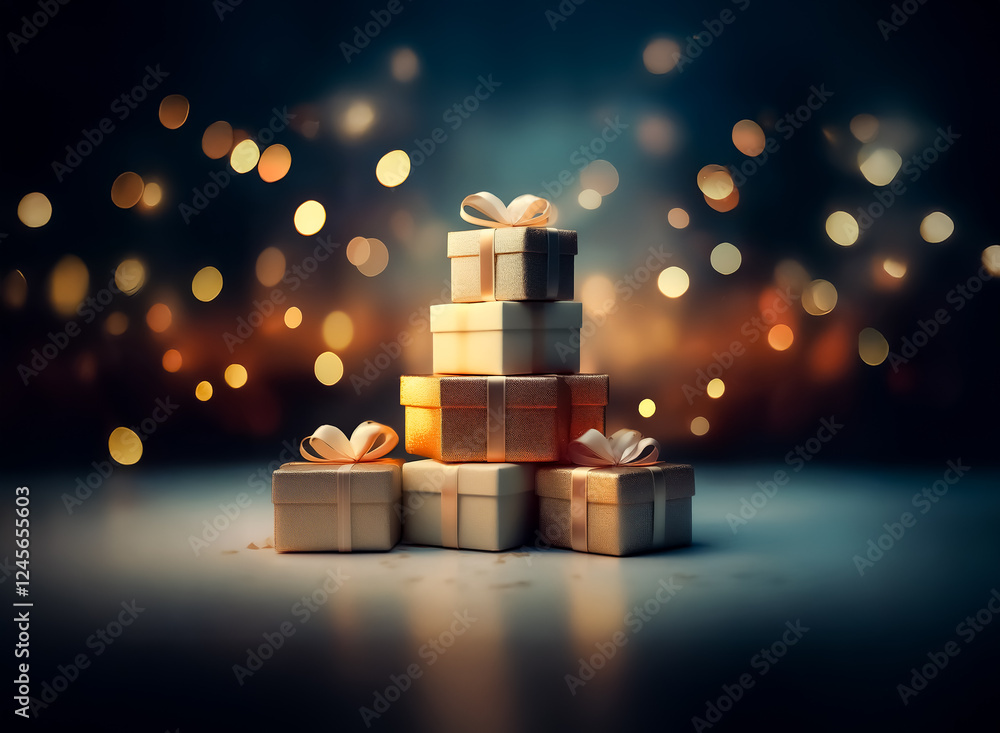 Poster a stack of wrapped presents tied with ribbons is illuminated against a blurred background of twinkli