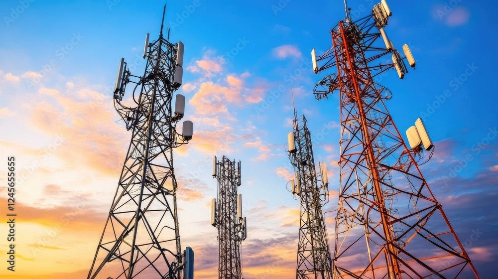 Poster a close-up of a cell phone tower with detailed equipment, set against a background of cloudy sky, em