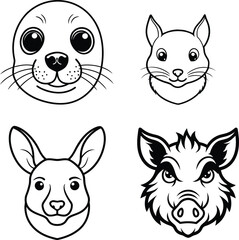 Cute Animal Head Illustrations Seal, Squirrel, Kangaroo, Boar