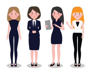 business team. Vector illustration of cartoon women in different poses in business suits.