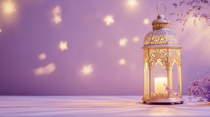 Ornate Ramadan Lantern with Mystical GlowDecorative Lantern with Candle and Bokeh Lights