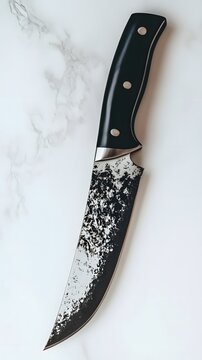 24. A modern kitchen knife with a stainless steel blade and black plastic handle, isolated on a white backdrop