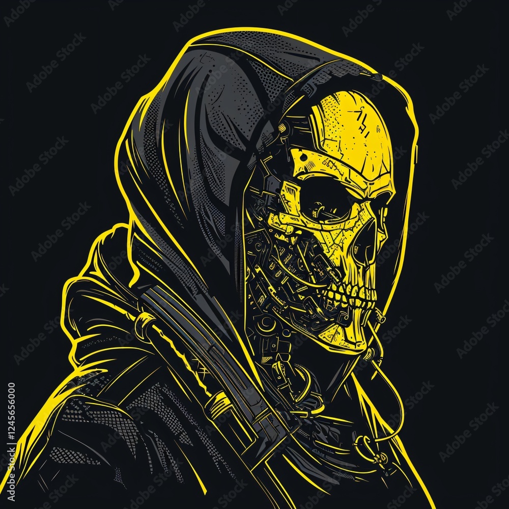 Aufkleber robot skull character wearing a hood with neon yellow highlights and intricate details behind a dark