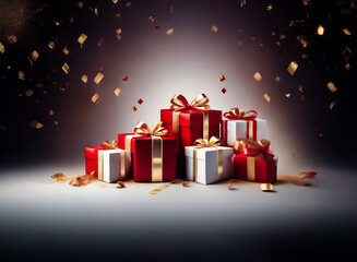 A pile of elegantly wrapped gifts in red and white with golden ribbons are stacked against a dark backdrop with falling golden confetti, creating a festive and celebratory atmosphere.