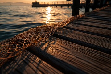 Naklejka premium Sunset Glow On Wooden Dock With Fishing Net