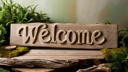 A  wooden welcome sign with a natural, earthy tone exuding a sense of warmth and inviting, with the words Welcome prominently displayed in a flowing script