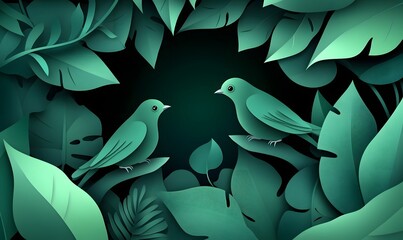 Two birds perched amidst lush green tropical foliage; nature background; ideal for eco-themed designs