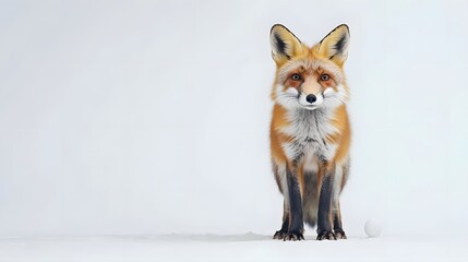 A realistic red fox standing on a white background, showcasing its vibrant fur and alert expression