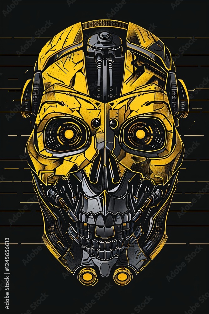 Poster modern robot skull design with intricate details and a striking yellow color scheme. generative ai