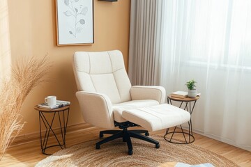 Beige fabric recliner chair in mid-century modern style placed on an area rug near a side table with a coffee cup and book, complemented by wall art and decorative shelves in a minimalist living room.