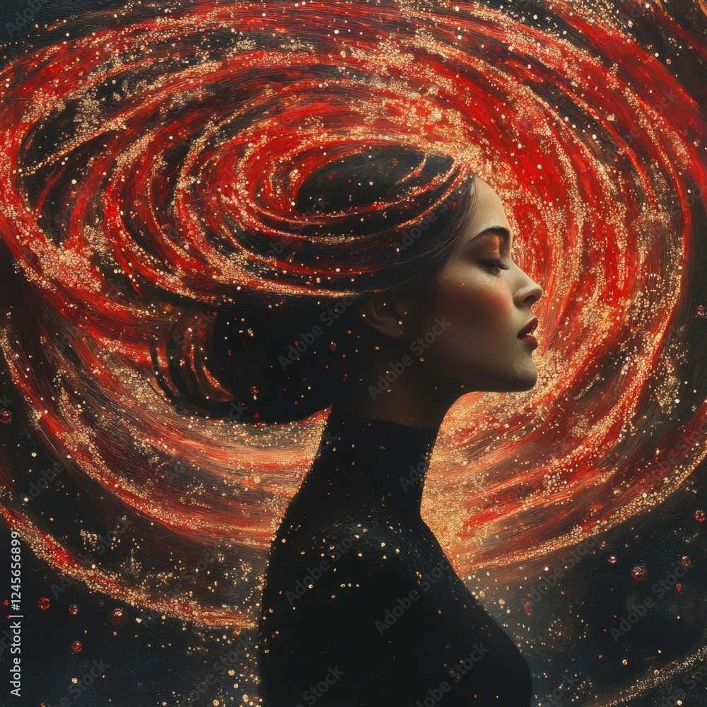 Poster surreal profile of a woman framed by a vortex of red gemstones cosmic textures and glittering gold t