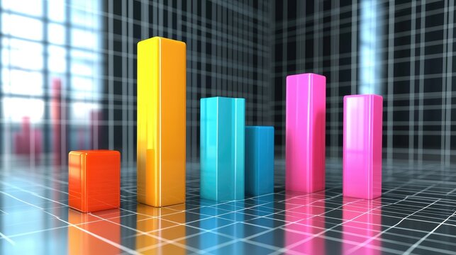 A conceptual D bar graph representing market analysis, with tall, slender bars in vibrant colors and a subtle grid pattern on the background for context.