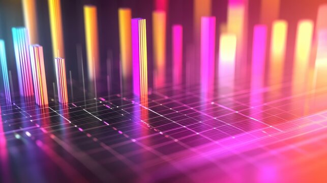 A conceptual D bar graph representing market analysis, with tall, slender bars in vibrant colors and a subtle grid pattern on the background for context.