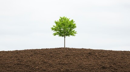 Obraz premium Young tree planted in soil against a white sky; environmental conservation