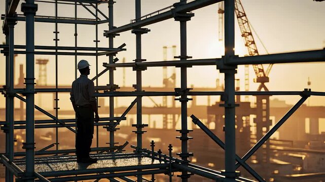 Construction Worker Standing on Scaffolding at a Large Industrial Site with Heavy Machinery and Cranes at Sunset

