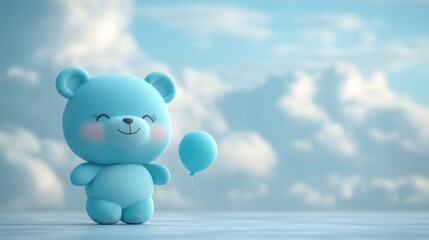 A cute blue bear holding a balloon against a soft cloud background.