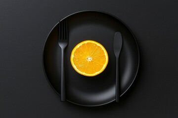 Black Plate Orange Slice Fork Spoon Minimalist Still Life