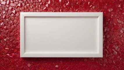 White rectangular frame on vibrant red mosaic background, striking and elegant