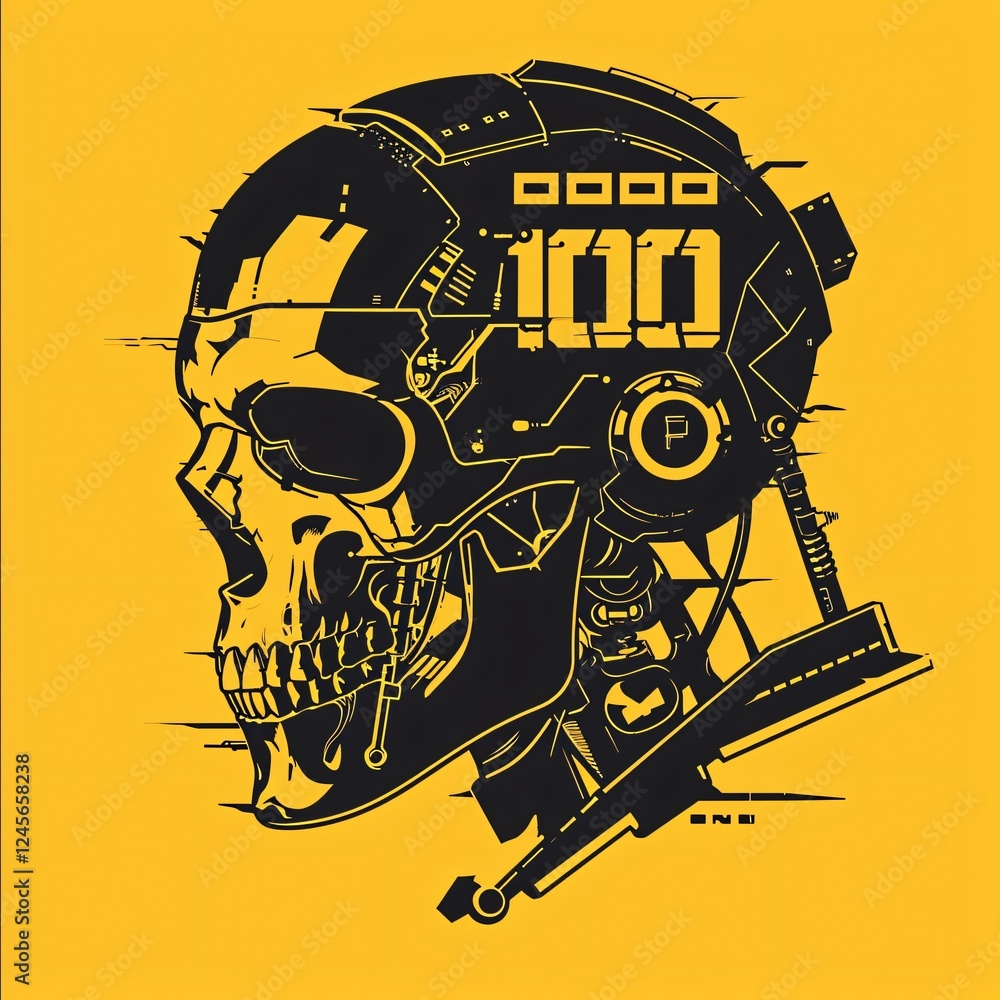Poster modern skull design with cybernetic elements and vibrant yellow background represents futuristic con