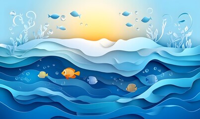 Underwater ocean sunset scene with fish.  Perfect for marine life posters