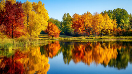 Obraz premium Scenic Autumn Landscape With Vibrant Fall Foliage Reflected On A Calm Lake, Surrounded By Colorful Trees And Clear Skies. Generative AI