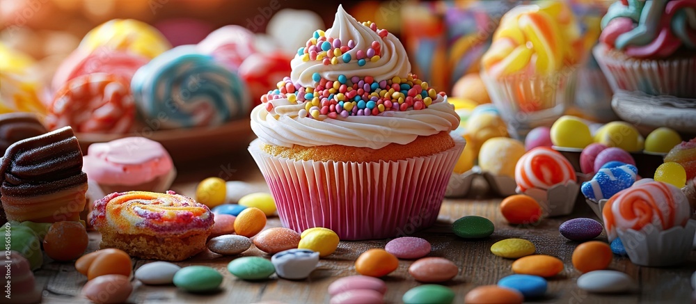 Poster delightful colorful candy bar display featuring a frosted cupcake with sprinkles central, surrounded