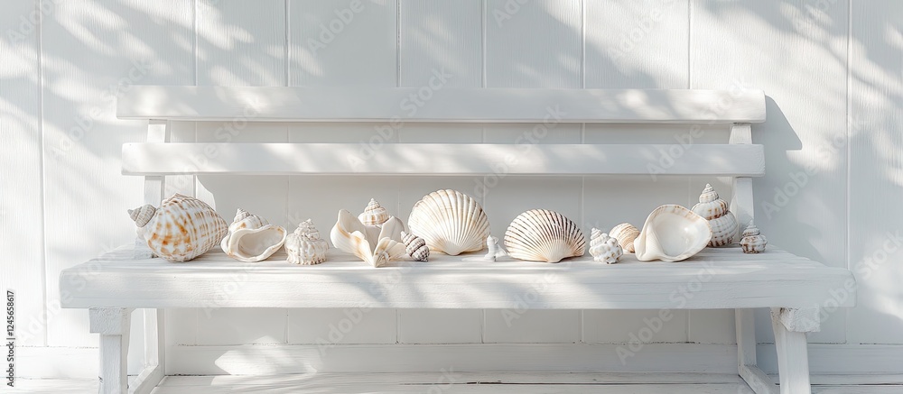 Poster pastel seashells arranged on a white bench with soft shadows creating a serene summer decor theme an