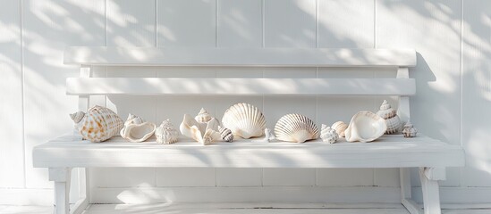 Pastel seashells arranged on a white bench with soft shadows creating a serene summer decor theme and ample copy space for text.