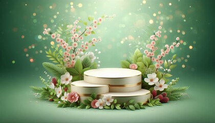 3d background products display podium scene with geometric platform. Stand display cosmetic product 3d background. Stage product on pedestal display steps green. 3d illustration.	