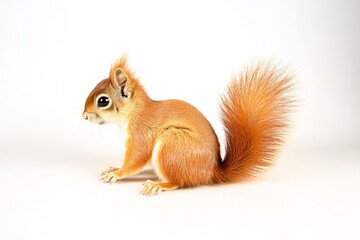 Full-body side view of a cute red squirrel against a white background, showcasing its fluffy tail and vibrant fur.