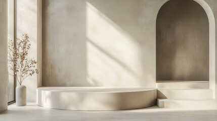 A simple, light grey podium with smooth edges, set against a neutral backdrop