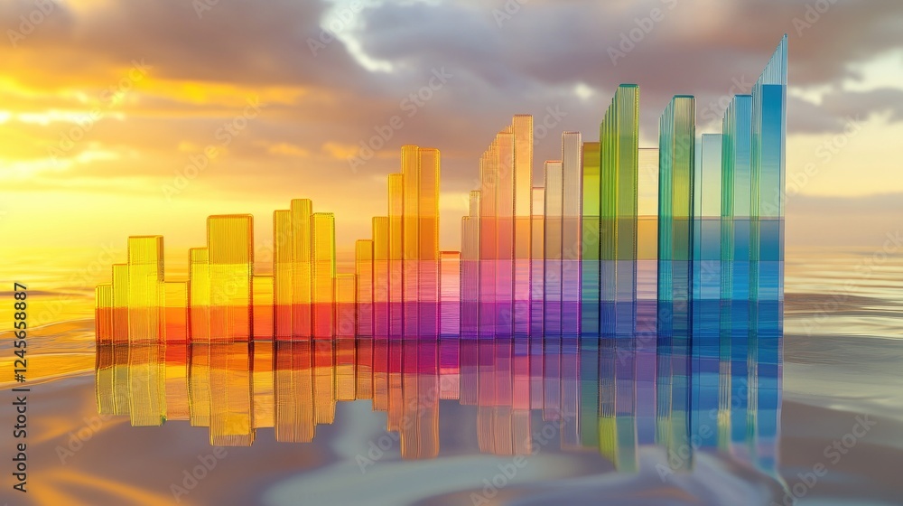 Poster a futuristic d stock graph with layered data points, showing trends in a vibrant color palette, pres