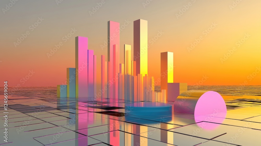 Poster a futuristic d stock graph with layered data points, showing trends in a vibrant color palette, pres