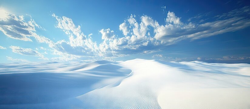 Vast white sandy desert paths under a bright blue sky with fluffy clouds creating a striking contrast between the serene landscape and sky.