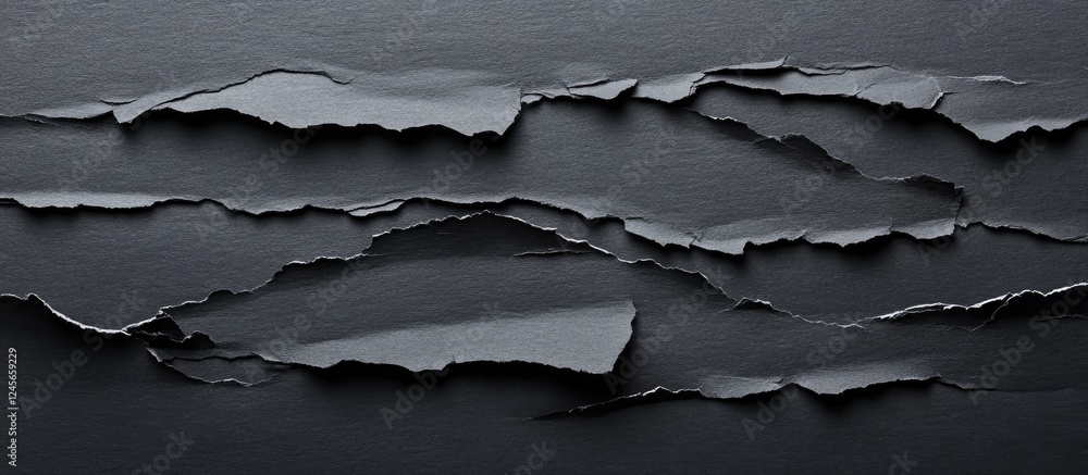 Poster minimalist dark backdrop featuring torn paper strips in varying widths and textures, arranged horizo