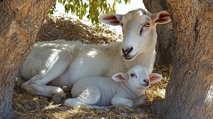 Mother Sheep and Lamb Underneath a Tree