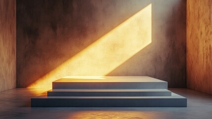 A simple podium with a sharp, geometric design, illuminated by soft, diffused light